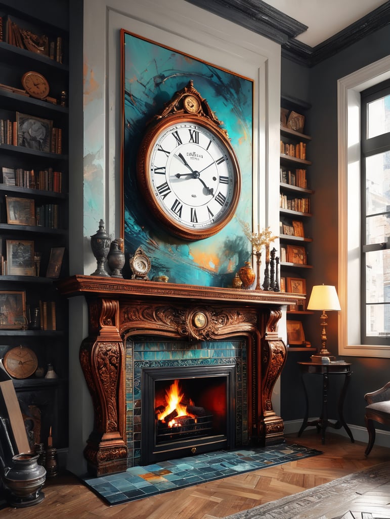 Wood burning in a fireplace with a tiled surround and a mantle piece with an old clock on it
