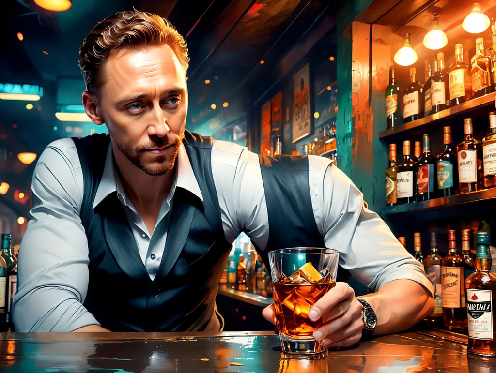 Tom Hiddleston down on his luck drinking scotch in a sleazy bar