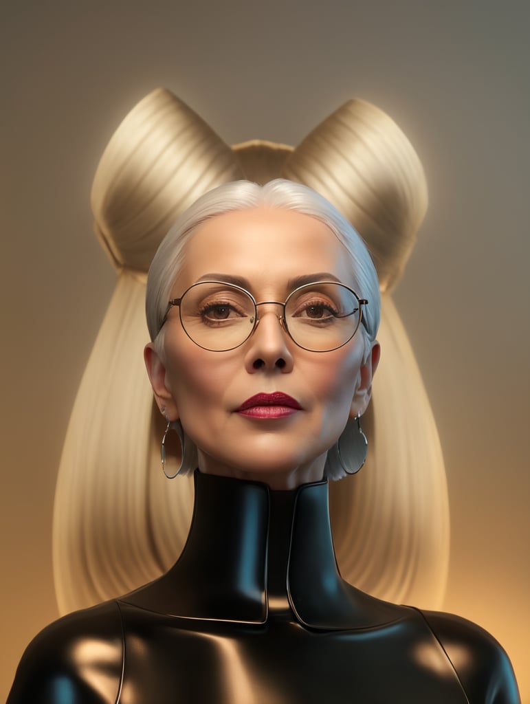 A portrait of a beautiful stylish older woman with white stylish short hair and big glasses, glamorous Hollywood portraits, highly realistic, daz3d, women designers, high resolution