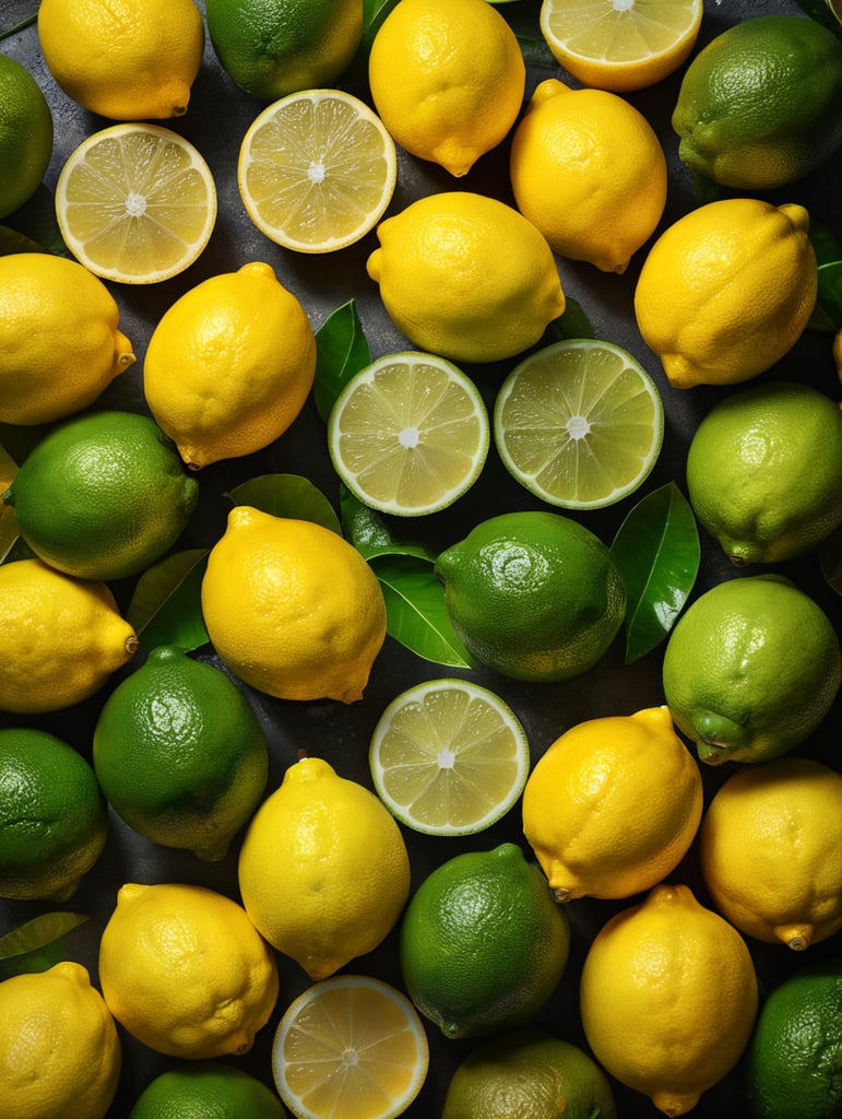 close up shot from above, yellow lemons, green lime