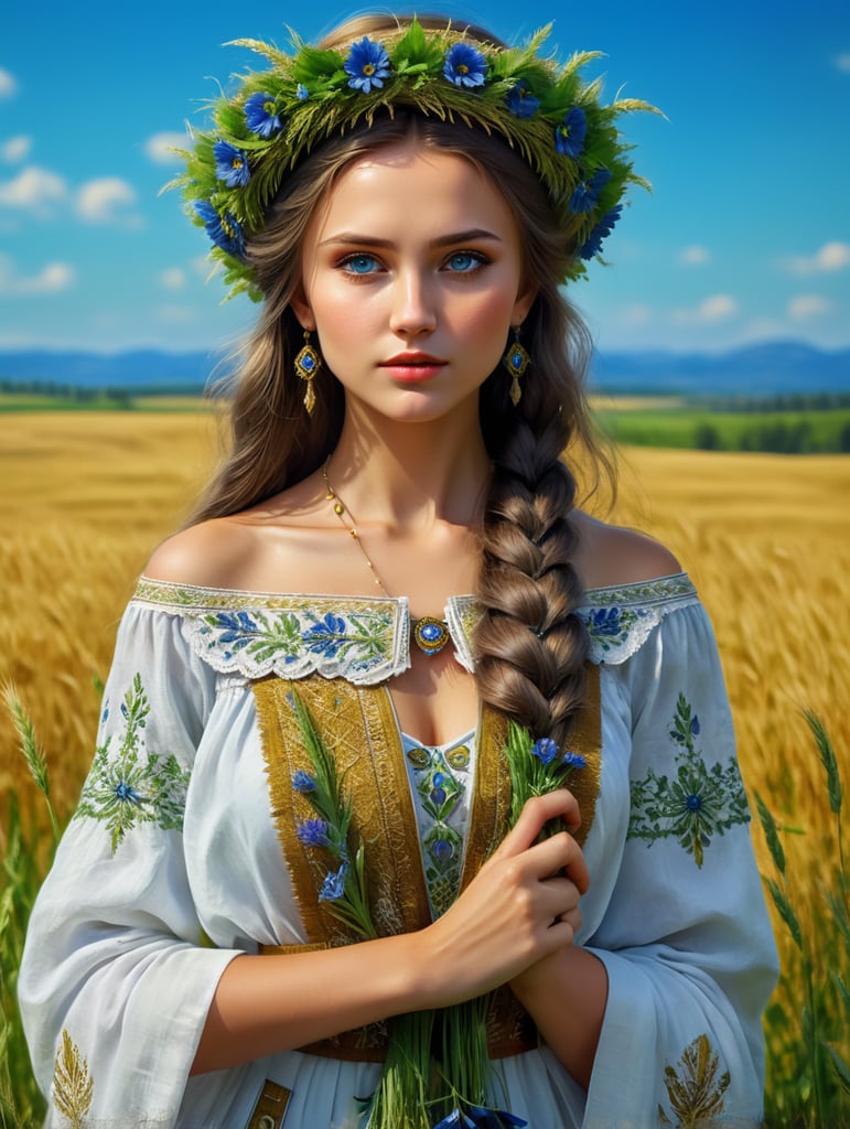 beautiful Ukrainian girl in national dress and a wreath of green rye and blue flowers background of the field