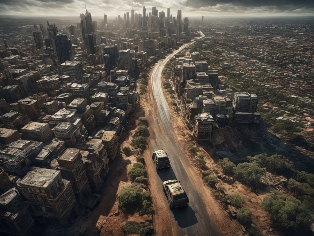 arial shot of a 4x4 Jeep moving through long road, into A city of australia