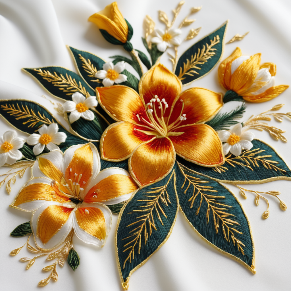 gold thread embroidery of wild flowers, bright and cheerful colours, very detailed, white roses and lilies, baroque style, typical of the Holy Week in Seville, on a luxurious white cloth, with discreet shadows and volumes, sharp focus, spectacular lighting, depth of field, photographic quality, elegant, contemporary fashion,