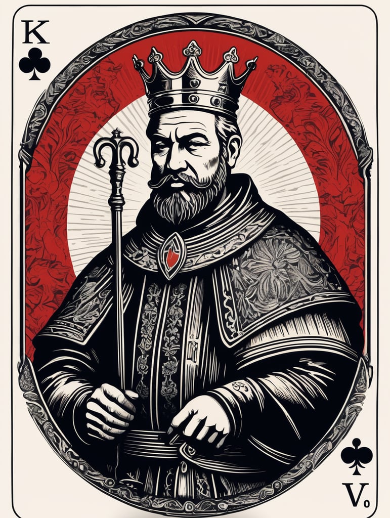 king of clubs playing card, face card, linocut art style, black ink, ultra realism, super detailed, professional shot, bold saturated colors, sharp focus, highly detailed