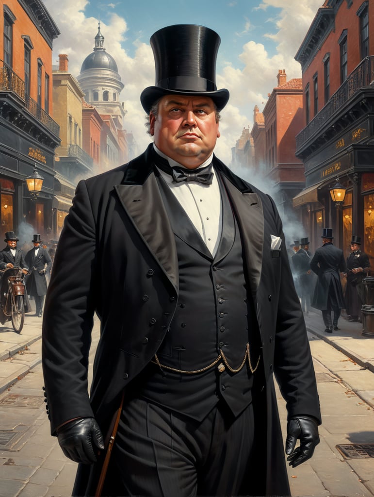 Portrait of a very rich obnoxious and polished fat businessman, wearing a black tailcoat and a black top hat, looking up with an arrogant look, standing in the middle of the street, early 19th century, style by Gil Elvgren