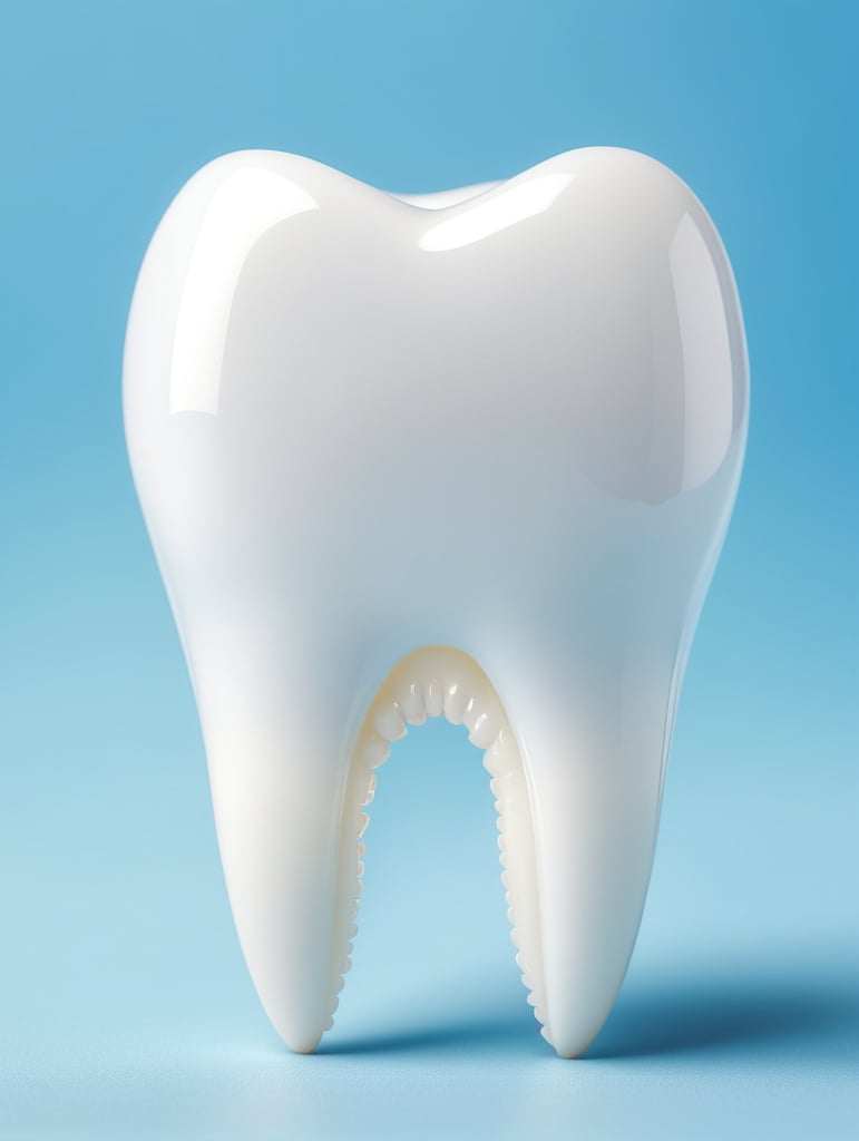 one white tooth, blue background, hyper realistic