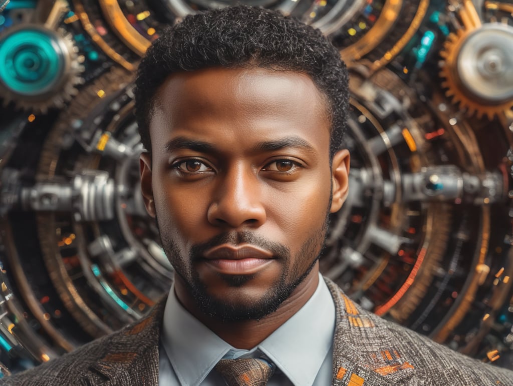 realistic illustration of a close-up portrait of an optimistic black man surrounded by vibrant outward moving abstract technological objects