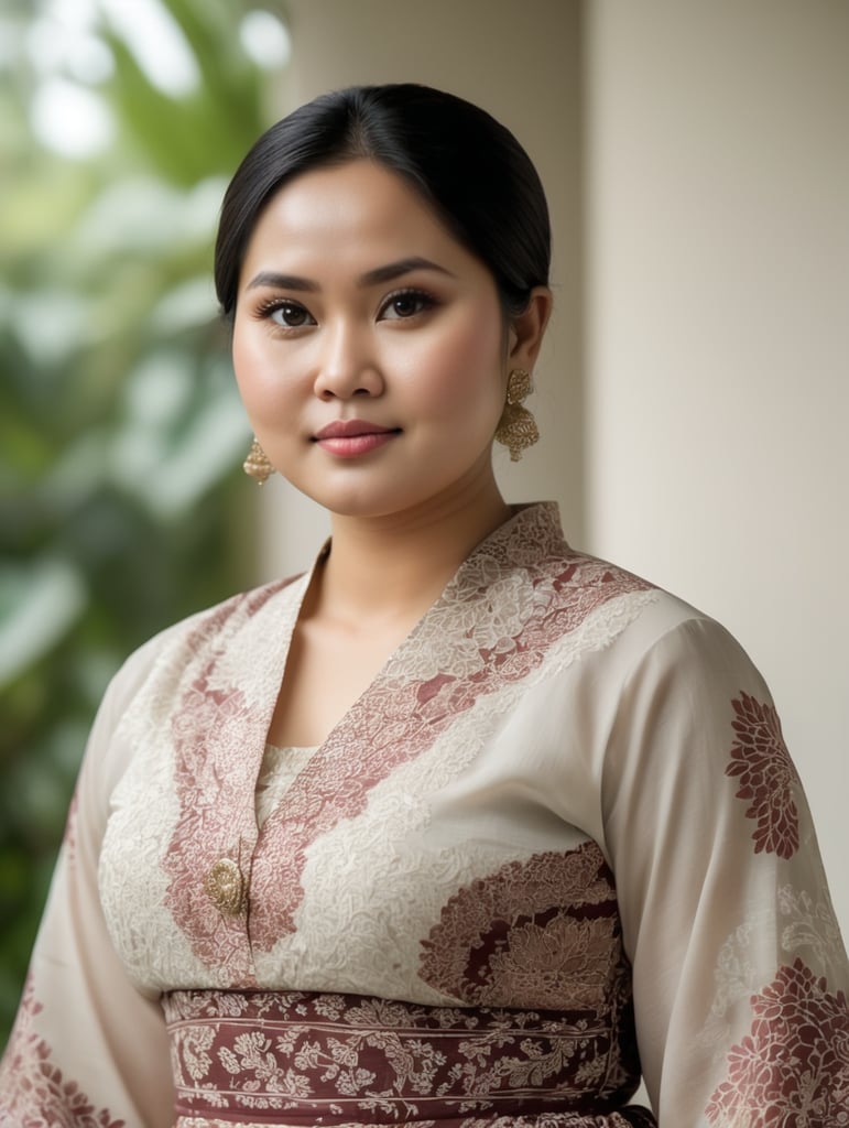 An Indonesian woman is slightly fat, chubby cheeks, flat nose, Slightly oval face shape,wearing a kebaya,No make up, white skin, wearing a batik skirt