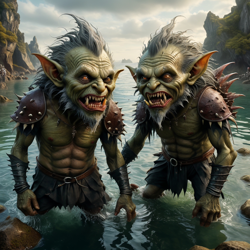 painting of two wrinkled spikey long haired goblins, very bony creatures, with horrible bumps on heads, fishing in the middle of a body of water, dribbling down their mouths, a whimsical Wonderland, ultra-photo-realistic, Utopia, by Sean Yoru, graffiti, Splash art, 8K resolution high detail benjamin lacombe, by seb mckinnon