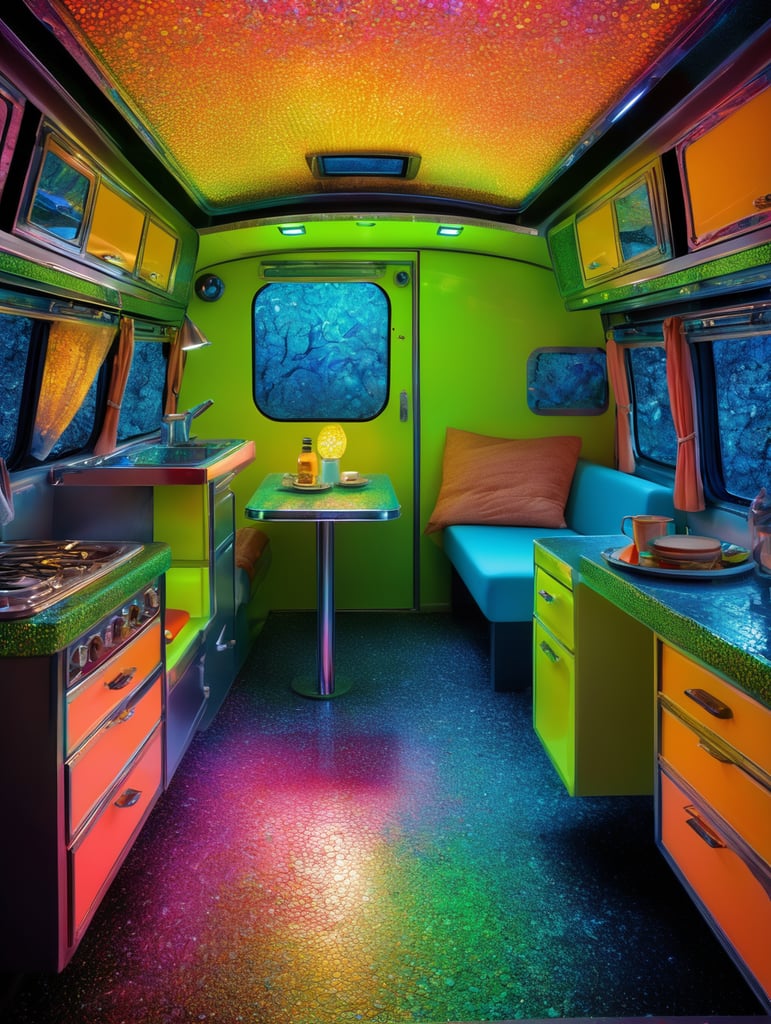 Fine Art Fluorescent Pointillism Sci-fi Surrealism Photography, Futuristic camping trailer, Portrait made of hyper-detailed transparent frosted plastic, Moebius Bernard Buffet, van Gogh, Vermeer, Erin Hanson, Pierre Soulages, National Geographic, textured depth, vibrant fluorescent hyperrealism photo