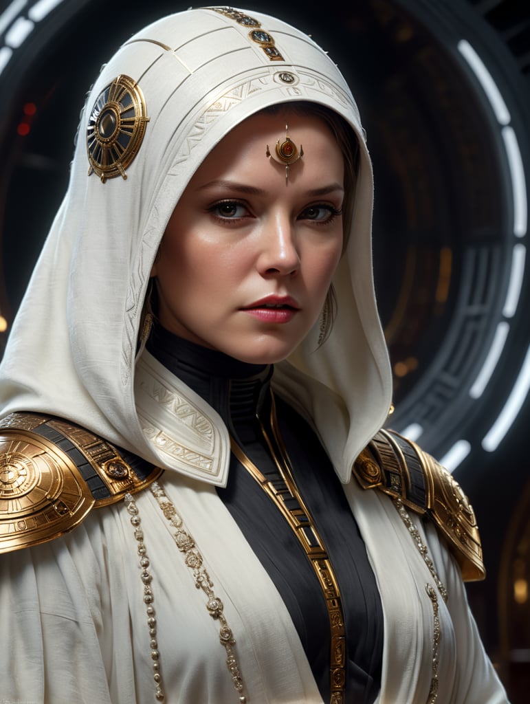 A female Star Wars Senator, in a white robe, luxurious.