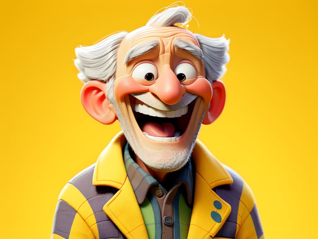 Smiling and cheerful old man in a striped jacket on an isolated yellow background