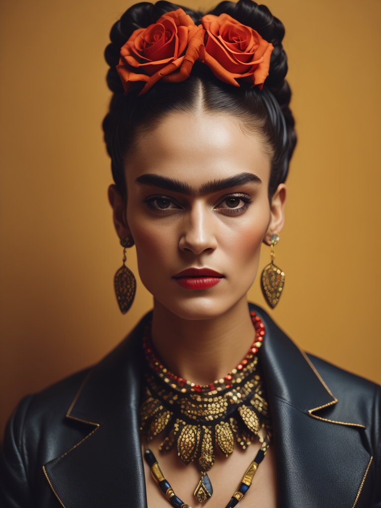 Portrait of Frida kahlo, bright and saturated colors, elegant, highly detailed, vogue, fashion magazine, sharp focus, Bright expressive makeup, Dramatic Lighting, Depth of field, Incredibly high detailed, blurred background