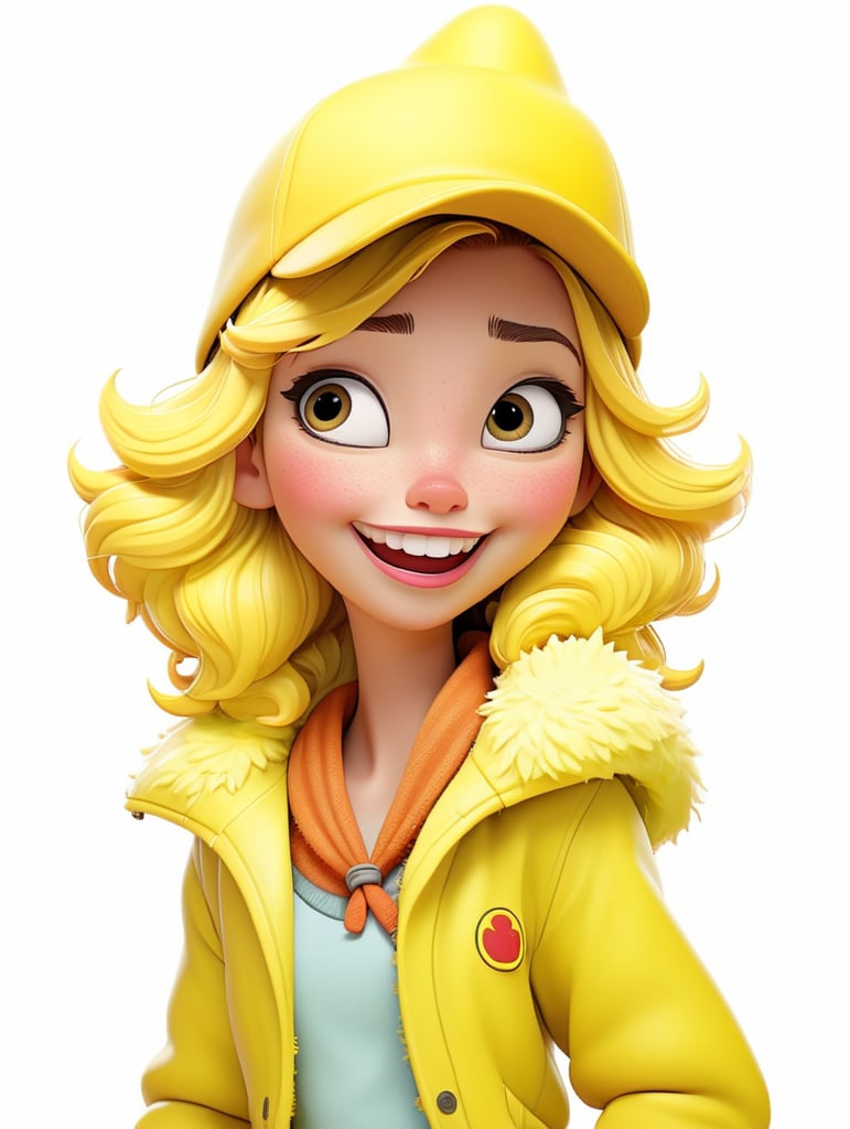 a happy young women with yellow hair and yellow hat wearing a yellow fluffy jacket, isolated, white background