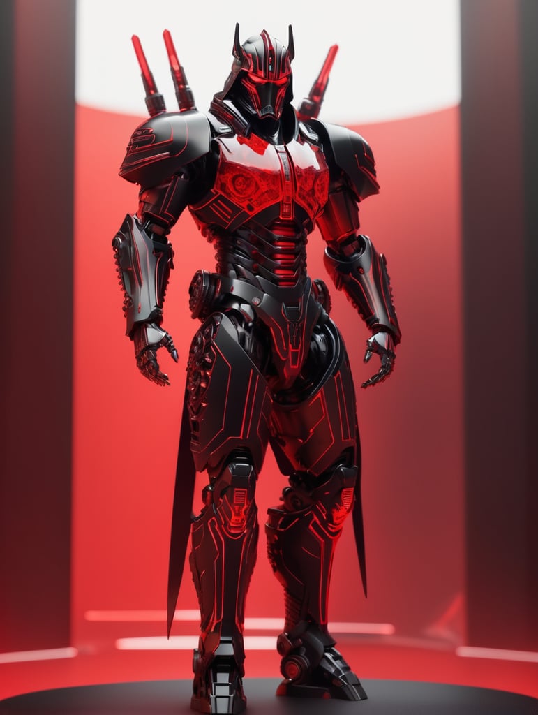 Matte black and red armored cybernetic sith lord, black on red, octane render, translucent, transparent, robotic detailing, realistically detailed, soft light, evoking,