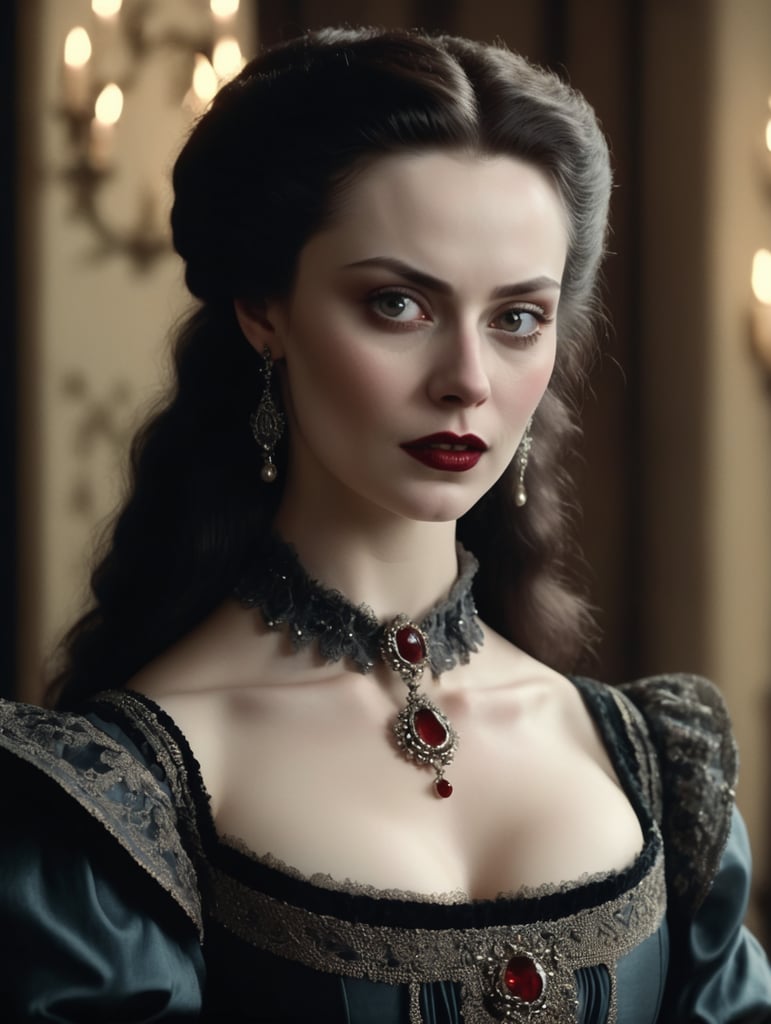 A dark haired, gorgeous pale skinned woman in 18th century dark russian aristocrat attire, (1980s dark fantasy cinematography:1.5), (1980s horror screen grab:1.5), realistic detail photography, grotesque vampire, film grain, dramatic lighting, (vampire fangs:1.2)