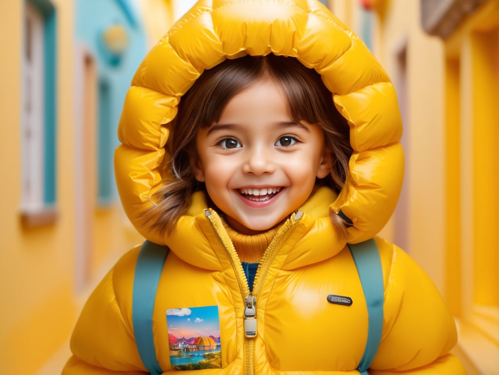 photo happy little girl going to travel, cute girl, dressed yellow inflatable puffer jacket, yellow background, harpers bizarre, cover, headshot, hyper realistic, vibrant colors