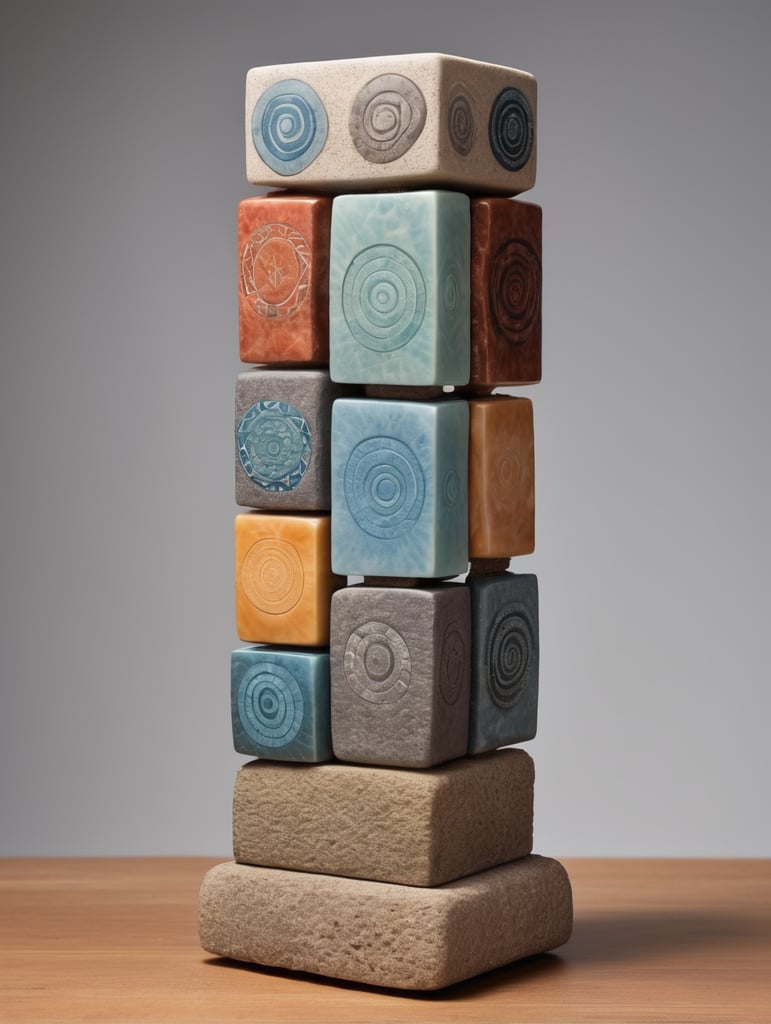 Tótem de cerámica de 5 figuras geométricas de materiales rocosos y en medio del Tótem una piedr de color vibrante en material semitraslucido. Mucho margen