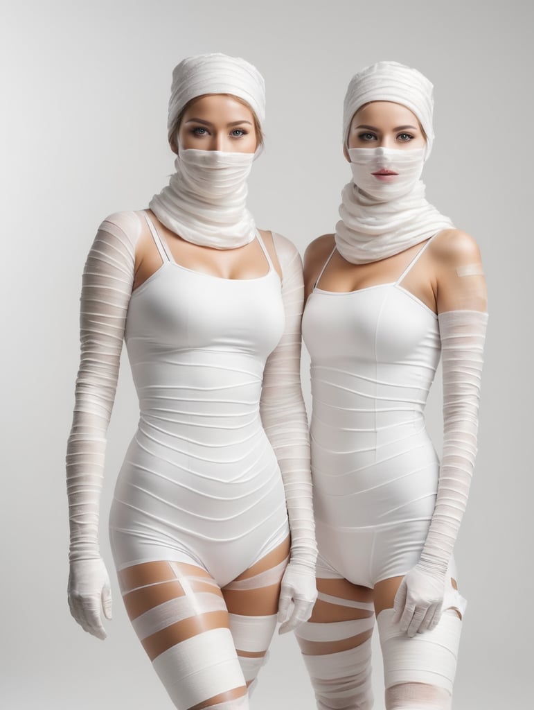 A photograph of women covered in bandages with realistic style, halloween costume, white background, full body, show hands, show neck and head