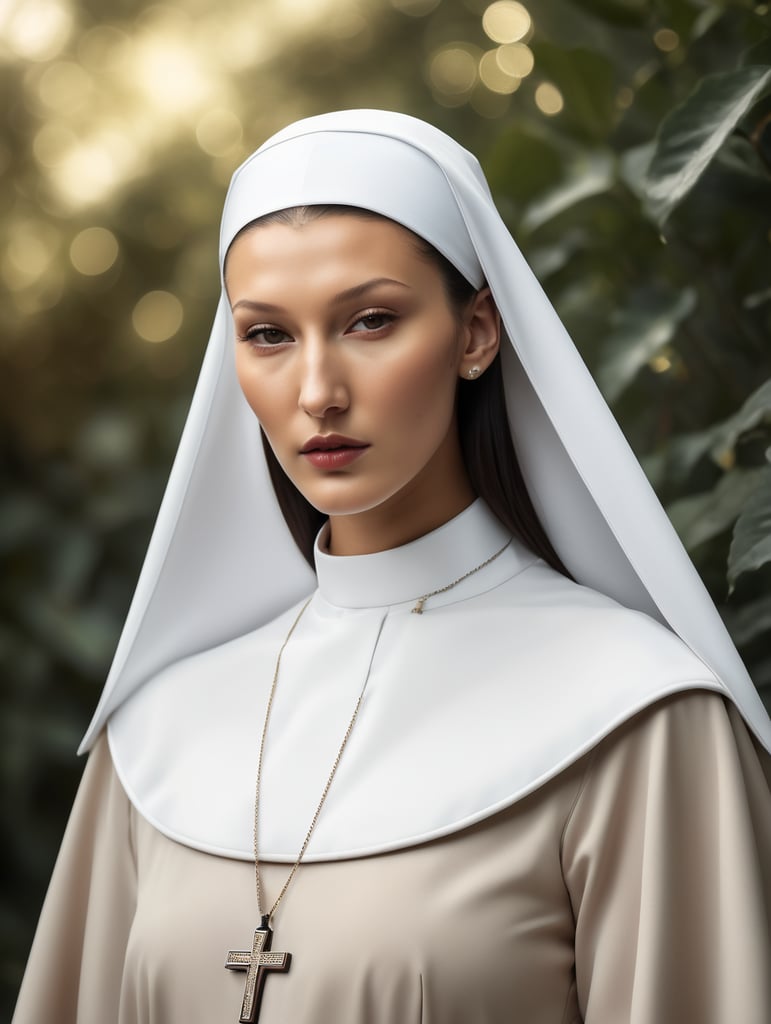 Create a realistic photo of Bella Hadid dressed as a nun