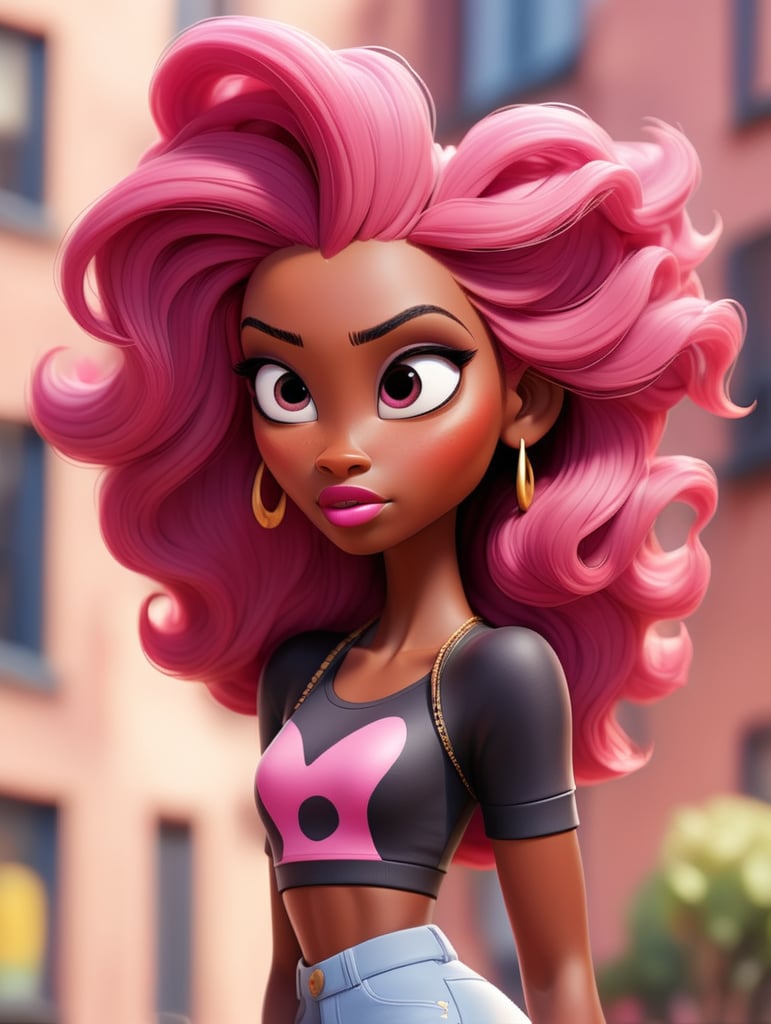 Black woman with long pink hair and crop top