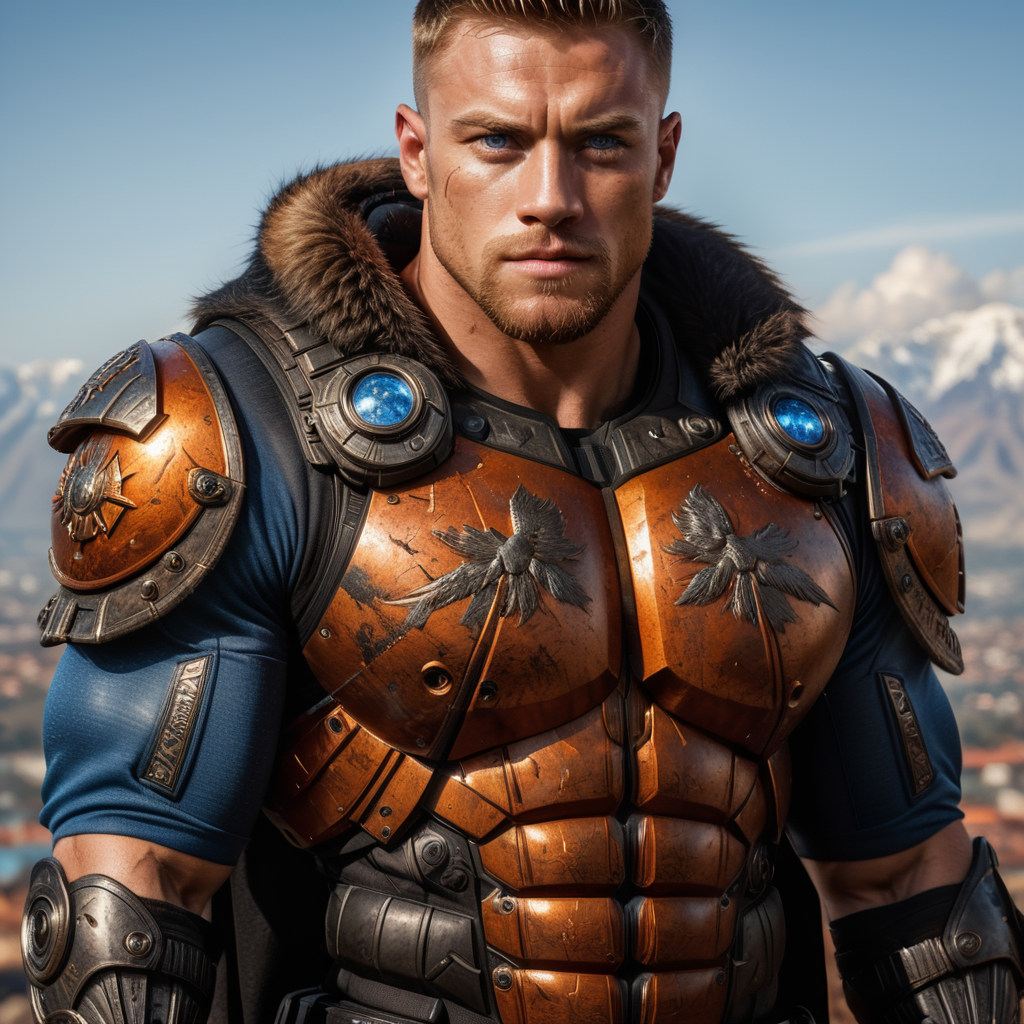 Me as an Scandinavian light skin, sparking blue eyes warrior combined with muscle body, mafia suit on and guns with the orange-red background or landscape