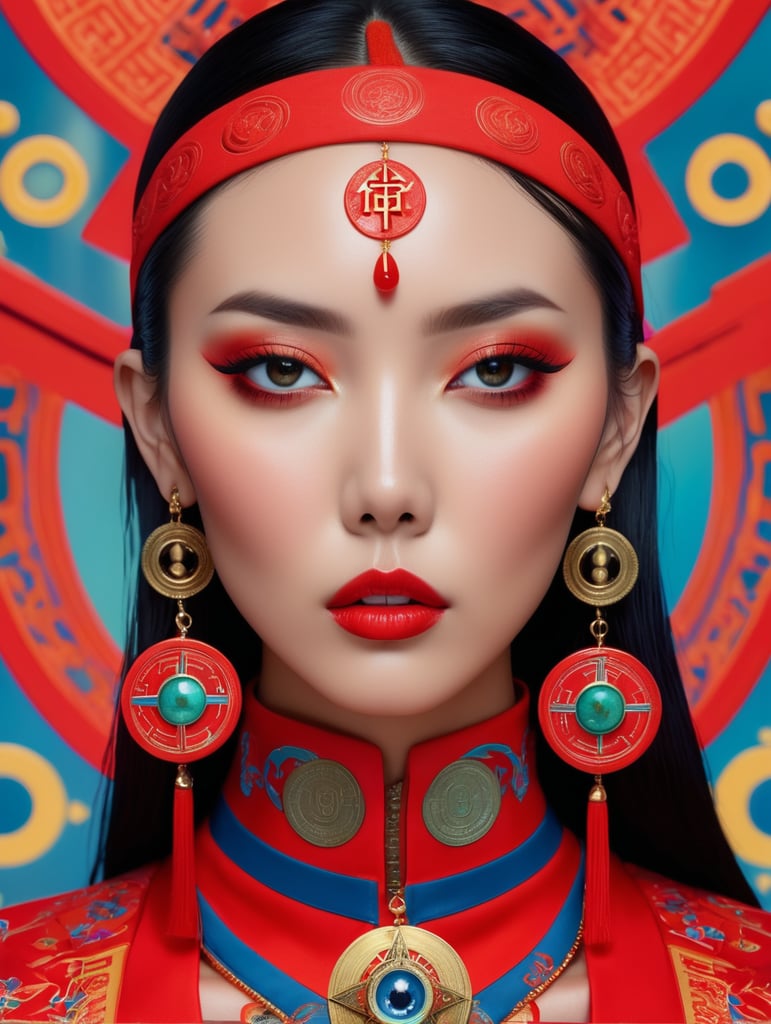 Pretty chinese model with occult symbols , by martine johanna and simon stalenhag and chie , bright and saturated colors, elegant, highly detailed, vogue, fashion magazine, sharp focus, mouth open, eye make up is wild, hair band red