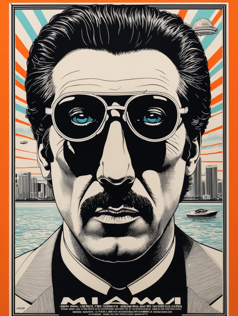 Miami 1984 cocaine eye-catching poster-style drawing and illustration representing the iconic pulp style.