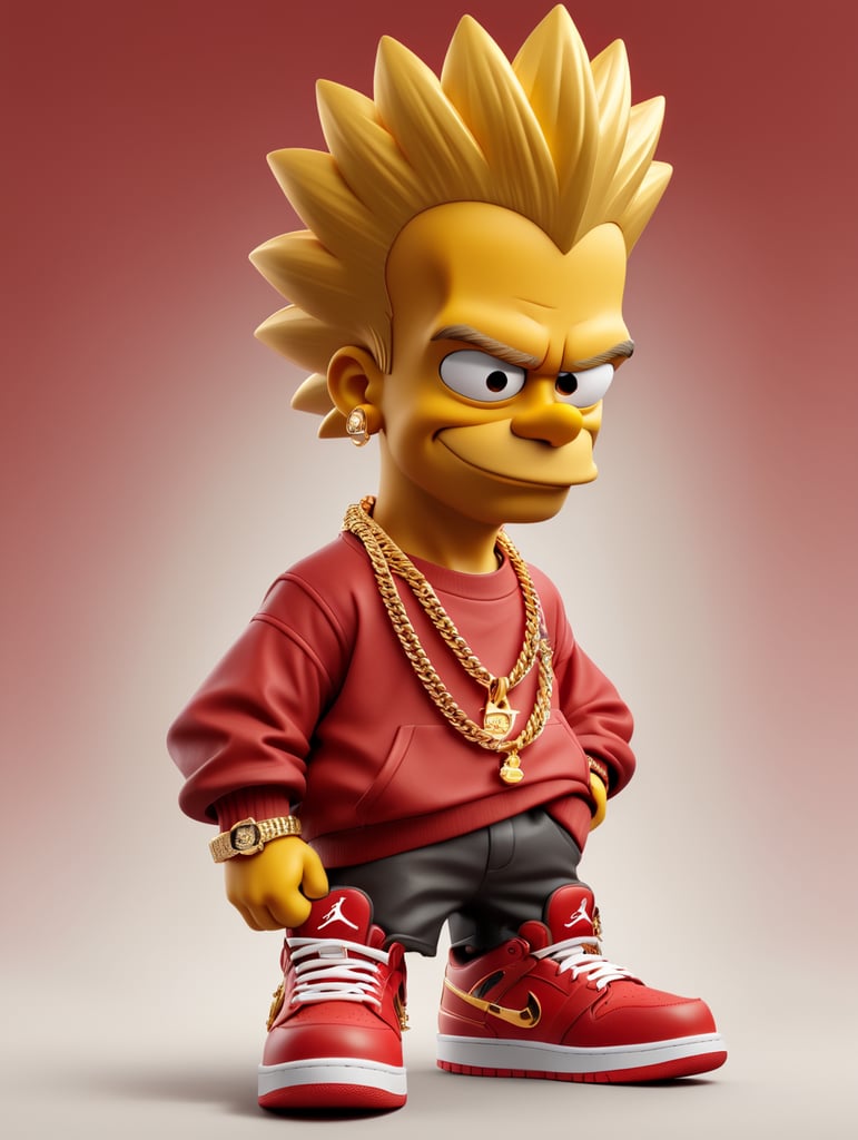 thug bart simpson wearing gold chains, gold grill, and new red and white Jordan #12 shoes