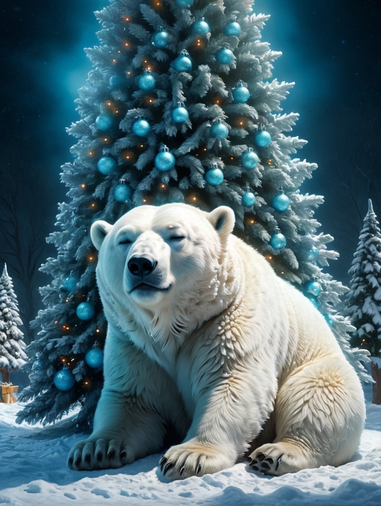 Polar bear, sleeping next to a white Christmas tree , outside in the snow, aqua blue rim lighting