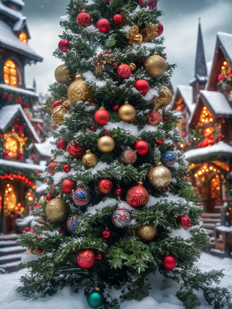 A closeup landscape photo of a holly tree decorated with ornaments and layered snow in the theme of a christmas village, bright and saturated colors, depth of field