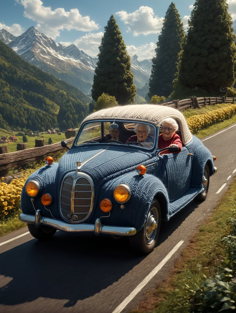 granny driving a knitted car, outdoors, sunny weather, highly detailed