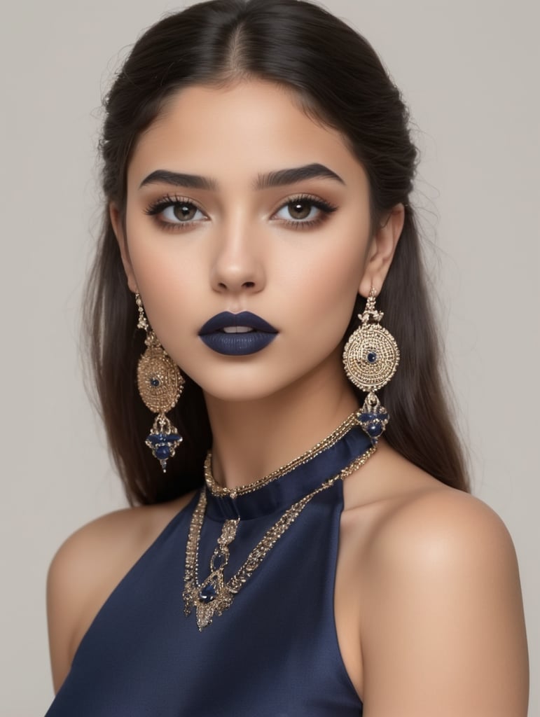 Busty Syrian teen in darkest blue lipstick, earings