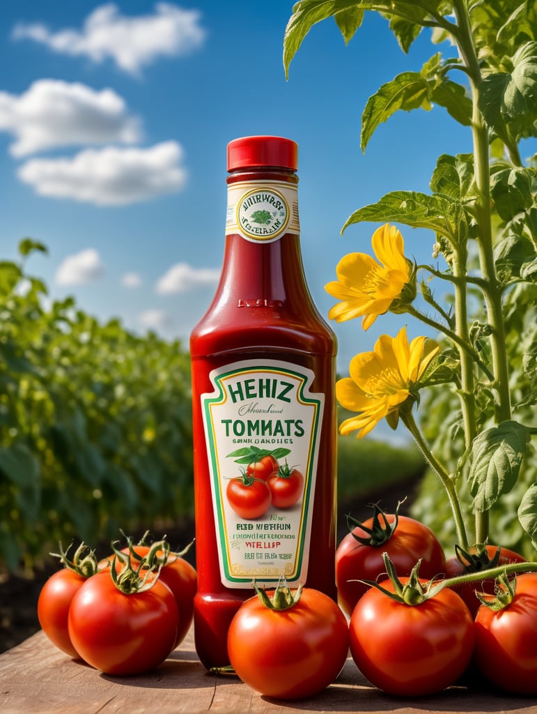 several red tomatoes stacked together forming a Heinz ketchup bottle with some leaves around it, beautiful tomato plantation in the background and a blue sky, short grass and yellow flower + yellow flowers + creamy light + ambient lighting + very beautiful colors
