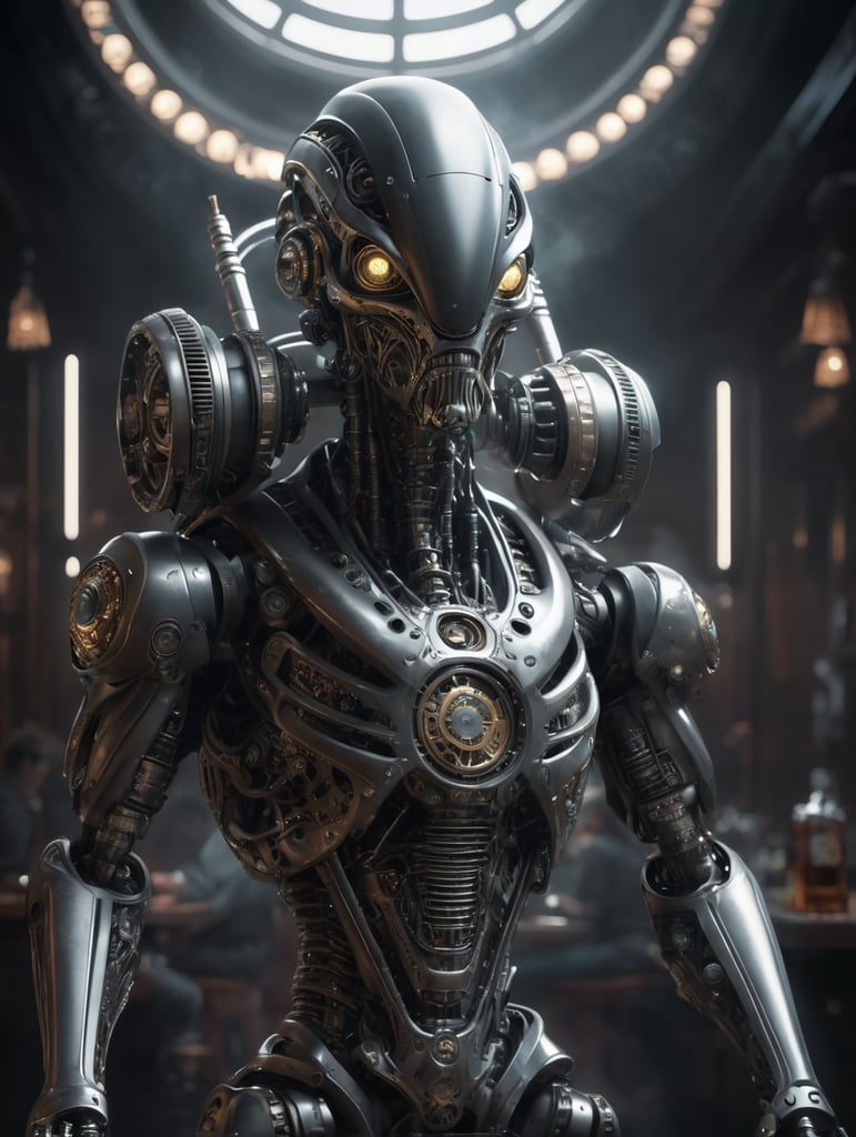 Alien biomechanic, full body cinematic style digital art render with mechanical and futuristic details smoking robots old pub