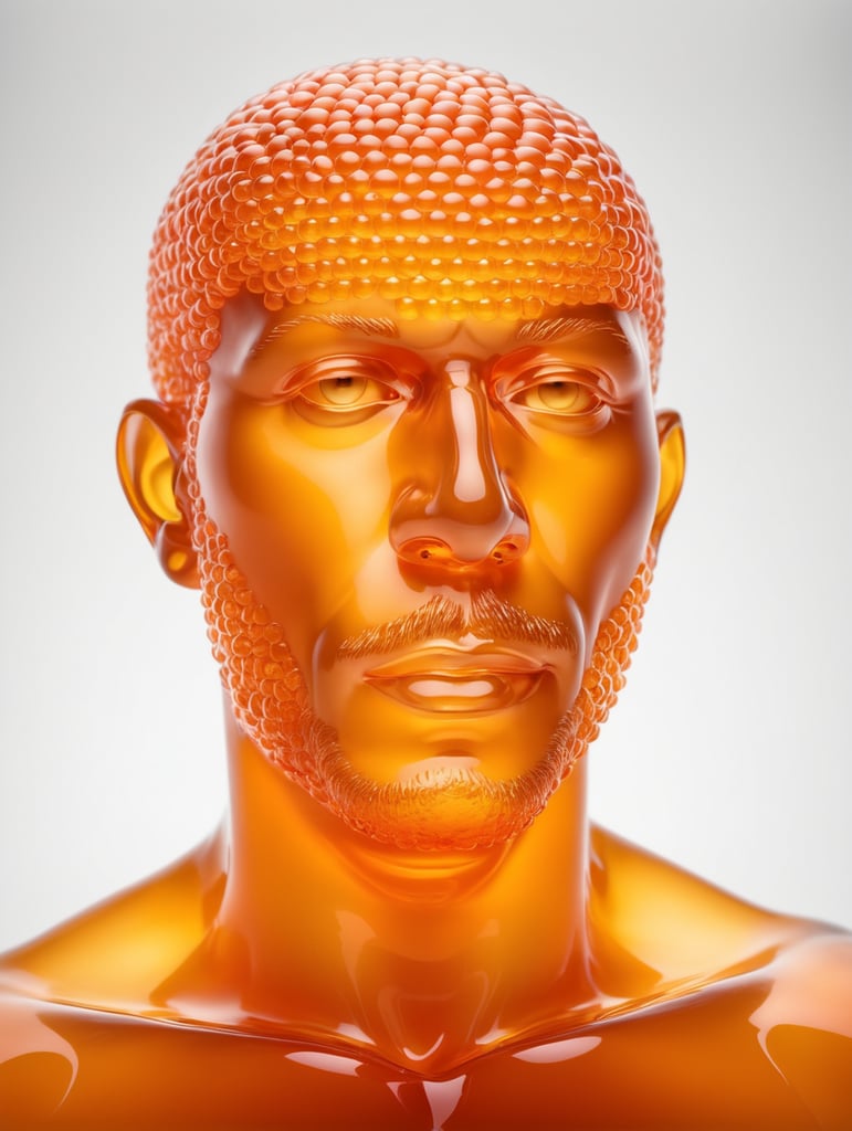 Portrait of a Translucent orange man made from the orange fruit, organs are visible through the jelly, isolated black background