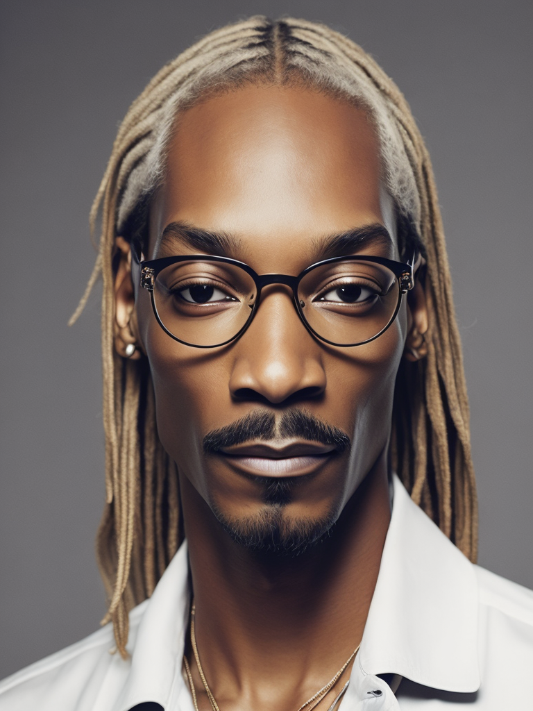 Portrait of Snoop Dogg with white skin and blond hair, glasses and mustache