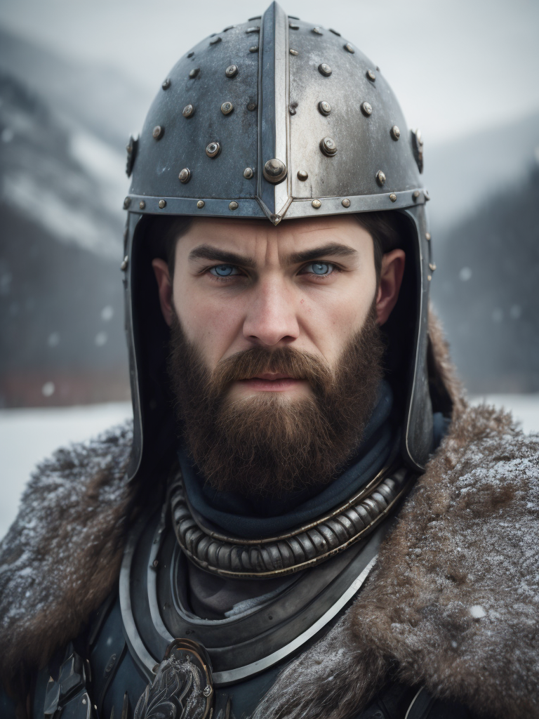 Portrait of a medieval Slavic warrior with a beard, wearing a helmet and chain mail, gray-blue eyes, a face stained with blood, against the backdrop of a winter landscape