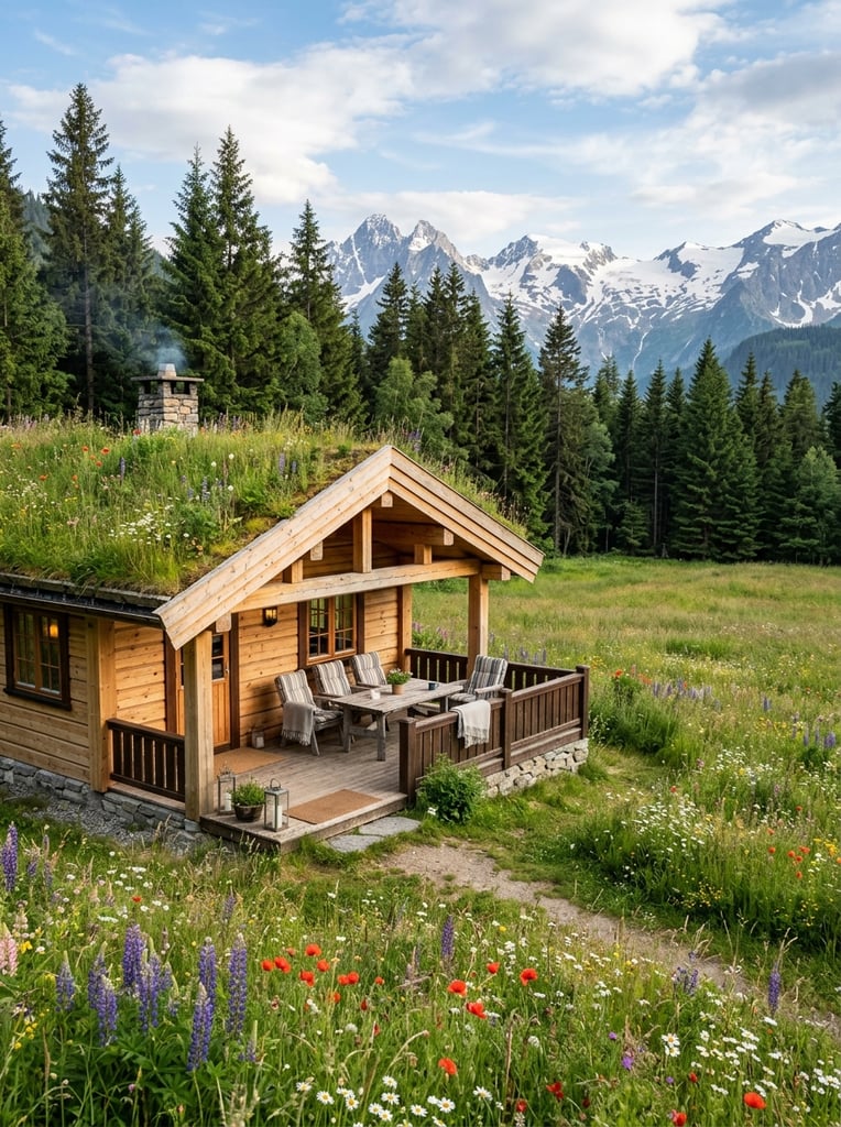 light wood cabin with grass roof, covered porch, patio seating, tall pines, grassy meadow with wildflowers, snow-capped mountain background, photorealistic render