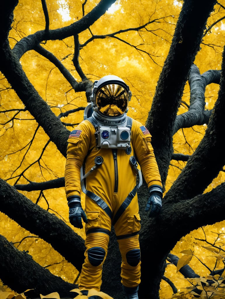 astronaut wearing a yellow space suit, amongst leaves in a big tree, full body, space,