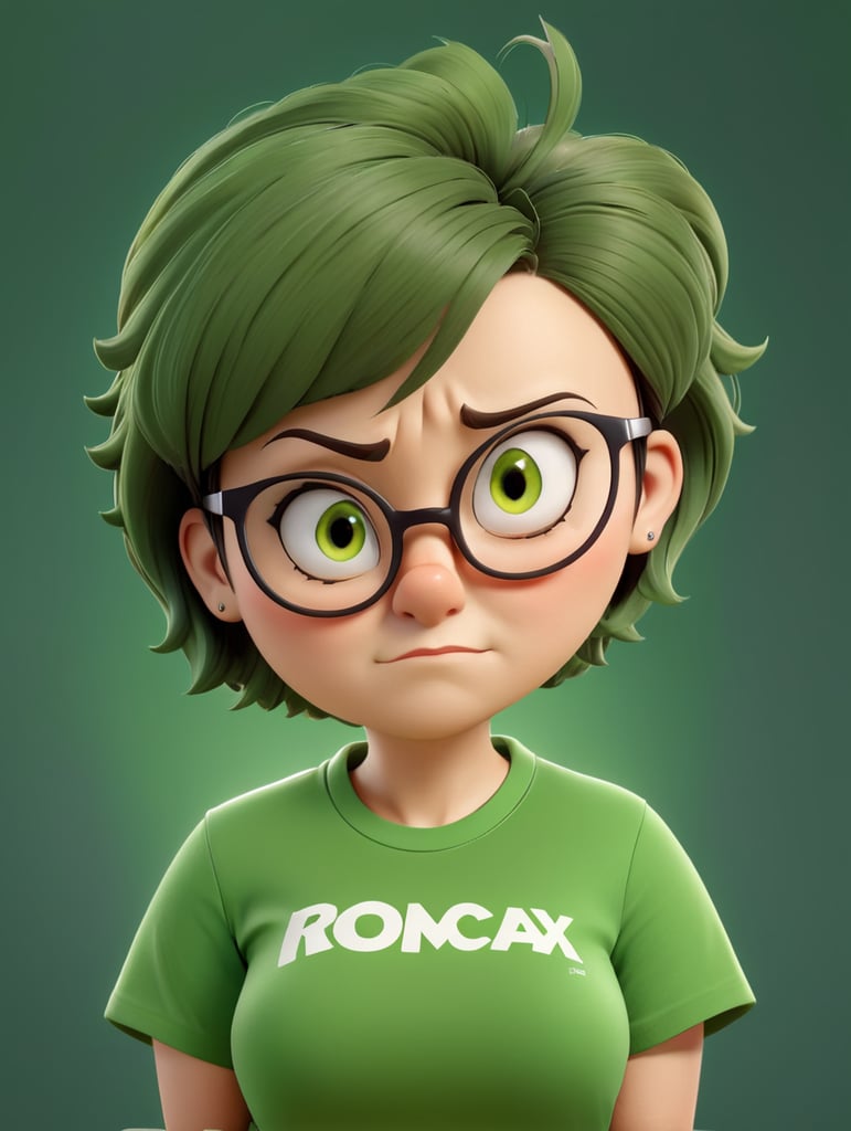 a women with short hair, wearing reading glasses, angry face, green t-shirt, torso