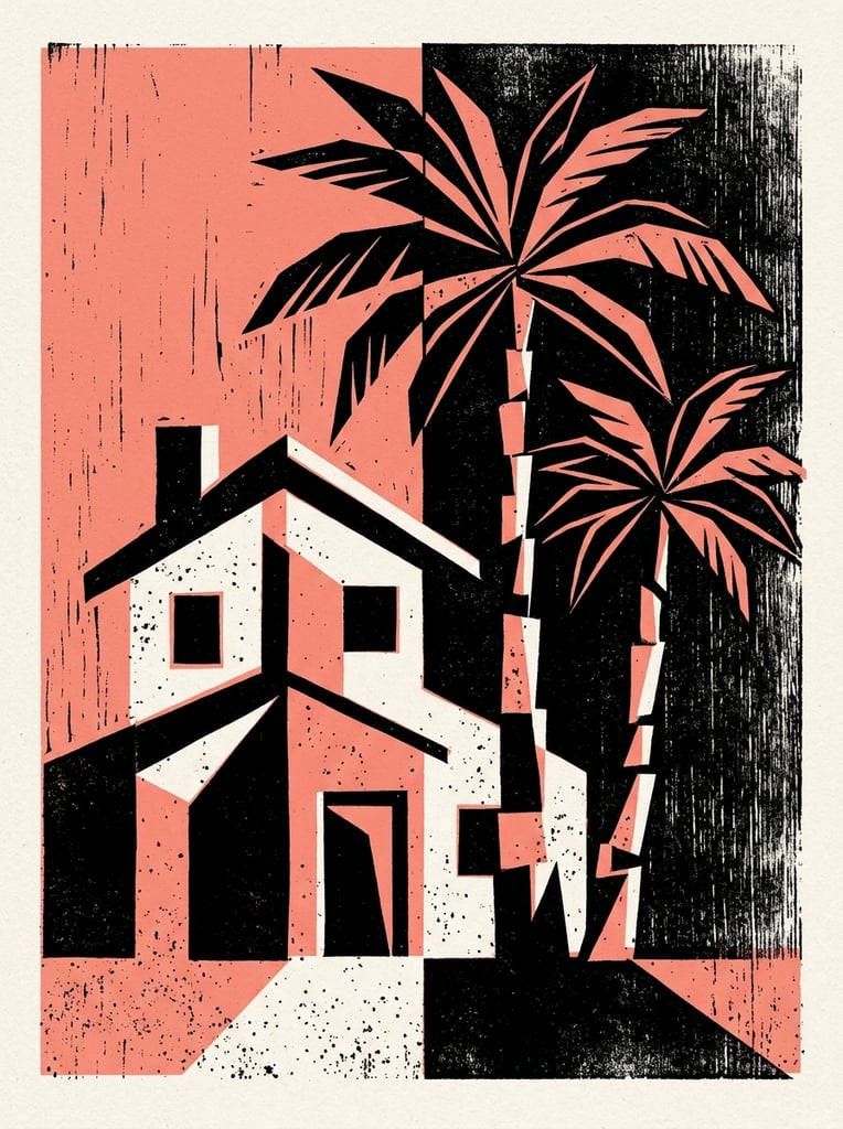 A graphic woodblock print of a house positioned next to two palm trees, executed with sharp, geometric abstraction and stark high-contrast lighting. The structural forms of the house and the sweeping fronds and trunks of the palm trees are fractured into harsh, angular planes of light and shadow, utilizing a strictly limited color palette of deep flat black, muted coral pink, and pale off-white. Dramatic, hard-edged chiaroscuro divides the subjects, leaving sections completely submerged in solid black ink while adjacent flat planes are brightly illuminated. Pronounced vertical woodgrain textures and granular, mottled ink artifacts are heavily stamped into the off-white surfaces and the deep black shadow sections. The flat, two-dimensional composition features strong Art Deco and Cubist sensibilities, set against a starkly bisected background that contrasts a solid coral pink zone on one side with a densely textured, wood-scraped black expanse on the other.