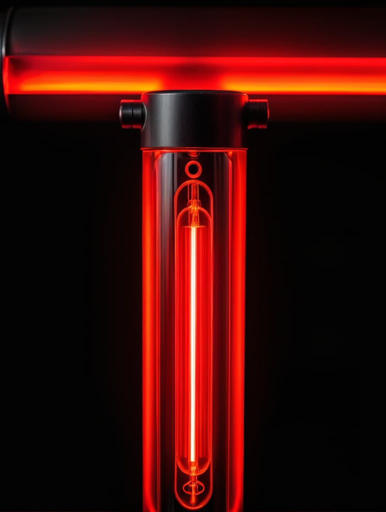 Close-up photo of a neon tube glowing with a bright red light, isolated, black background