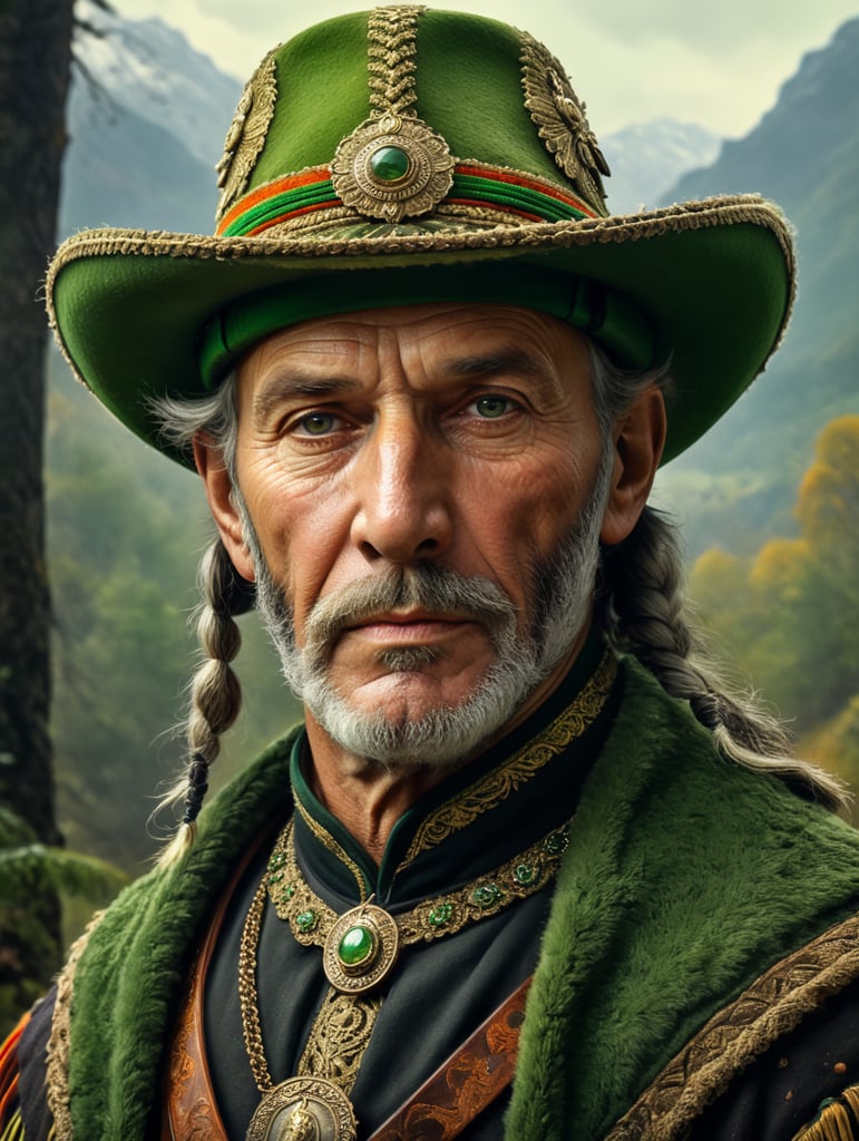 Retro portrait, an old Austrian hunter wearing Green Tryolean Hat and traditional costume