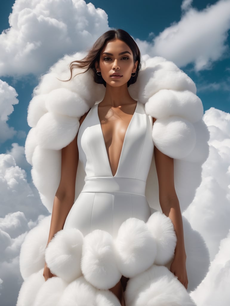 Minimalist haute couture portrait hispanic model close-up hirsute fashions yogic junction vogue abstract editorial album cover shot floating in fluffy clouds