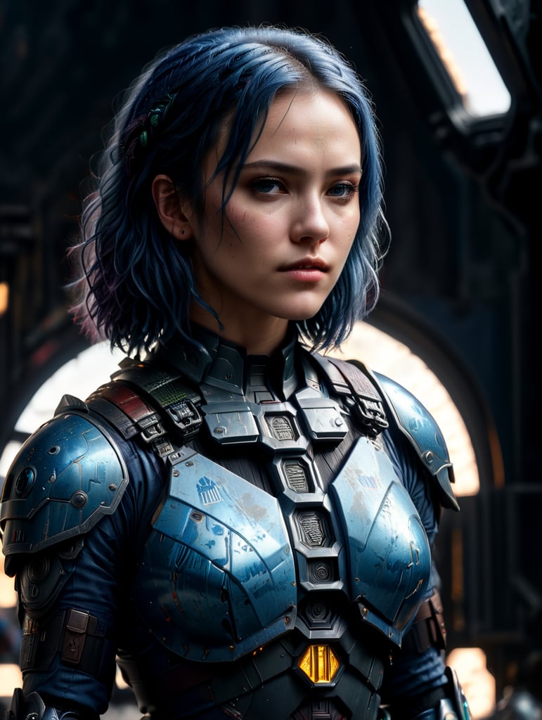 Young female with blue hair with mandalorian armor