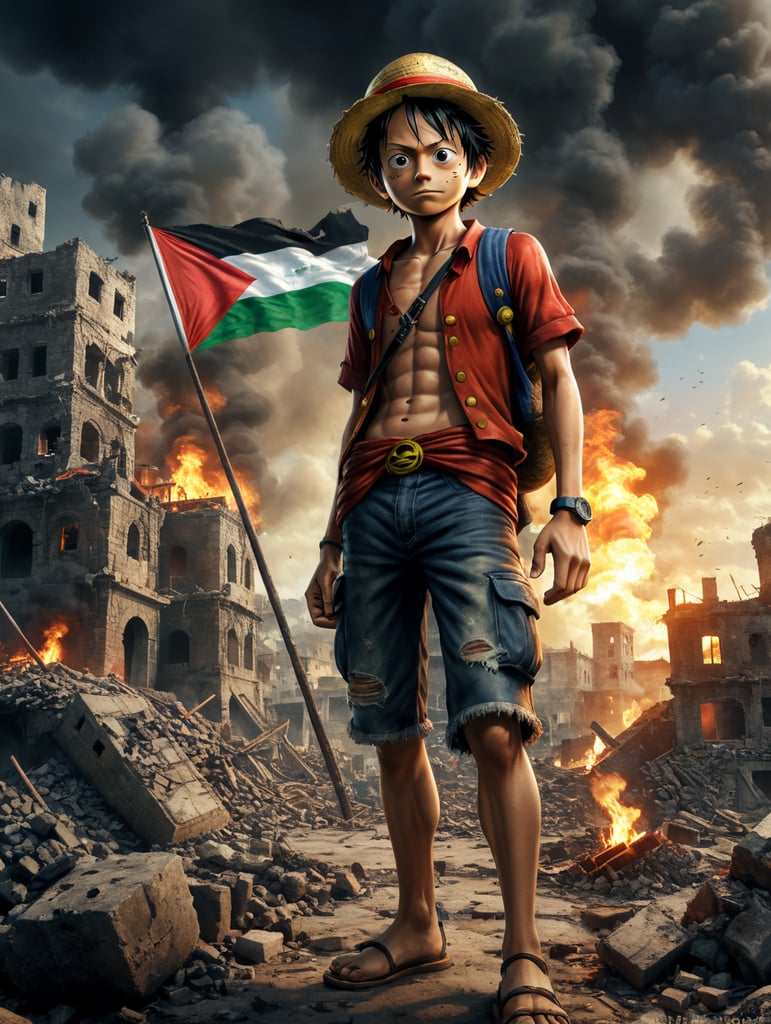 Luffy One Piece Solidarity with Palestine, City Ruins, Palestinian Flag, Smoke and Destruction, Cinematic, epic detail, tracing detail