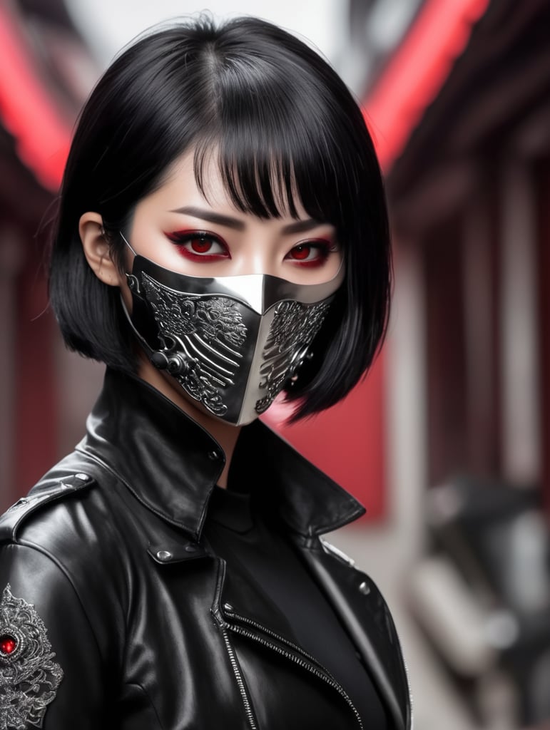 Korean vampire woman, short black hair wearing a silver mask. Covered a Her face in half . Red lenses contact . Wearing leather black jacket , in a sinister environment