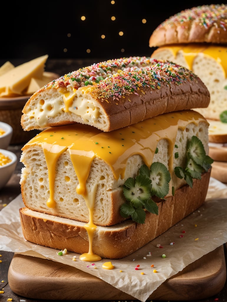 roti long john dengan toping meses dan keju yang melayang jatuh ke roti, shot dengan camera sony a7 mark iii, lensa leica f1.8 77mm, super resolusi