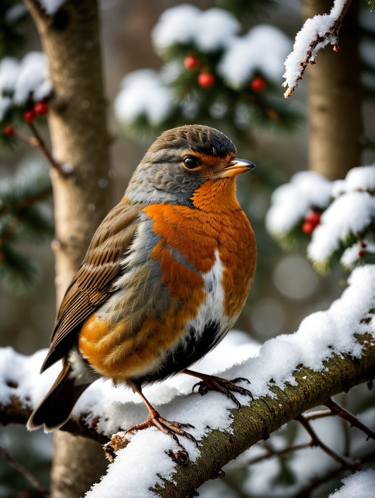 A robin sitting on a snowy branch wearing woolly cloths